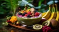 Top View Ungle Smoothie Bowl Exotic Greens Tropical Fruits Vibrant Styling on Selective Focus Background Royalty Free Stock Photo