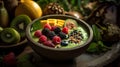 Top View Ungle Smoothie Bowl Exotic Greens Tropical Fruits Vibrant Styling on Selective Focus Background Royalty Free Stock Photo