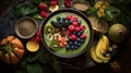 Top View Ungle Smoothie Bowl Exotic Greens Tropical Fruits Vibrant Styling on Selective Focus Background Royalty Free Stock Photo