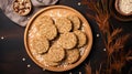 Top View Of Unreal Engine 5 Style Oatmeal Cookies On Wooden Plate