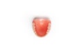 Top view of the upper denture on a white background. Dental prosthesis close-up. Dentures. Isolate on white background.