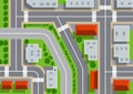 Top view of urban city. Crossroads with streets, roads, houses and trees. Map with view rooftops and highways. View from