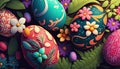 Top view on variety of bright Easter decorated, colored eggs with flowers. Flatly, pink, blue bright color eggs pattern Royalty Free Stock Photo