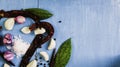 Top view Variety of colorful Fresh herbs and spices mixed Herbs, onions, garlic, chili and pepper on blue background, Healthy or