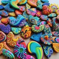 Top view on variety of different colorful patterned polymer clay jewelry pieces. Yellow, pink, blue play modeling dough