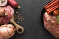 top view variety fresh meat sausages table. High quality photo