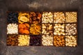 Top view variety of nuts and dried fruits Royalty Free Stock Photo