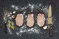 Three slices, raw meat, Raw, T-bone Steak, fresh herbs, SALT, garlic, onion, pepper on a dark stone background, top view, space fo Royalty Free Stock Photo