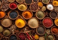 Top view of a variety of spices and seeds arranged in a row of small wooden trays, Ai-generated.