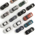 Top View of Various Cars Parked in Rows on White Background Royalty Free Stock Photo