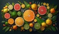 A top view of various citrus fruits surrounded by lush greenery, creating a tropical and refreshing display. Generative AI