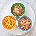 Top view of various cold breakfast cereal in bowls Royalty Free Stock Photo