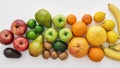 Top view of various colorful fresh summer fruits isolated over white background Royalty Free Stock Photo