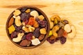 Top view of various dried mixed fruits and nuts in wooden bowl Royalty Free Stock Photo