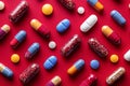 A top view of various pills spread out on a bold red background Royalty Free Stock Photo