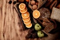 Top view of Various recipes for dessert making placing together on wooden table as background