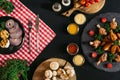 top view of various sauces, roasted potatoes with chicken and vegetables Royalty Free Stock Photo