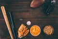 top view of various snacks and sports equipment