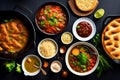 Top view of various soups in bowls on a black background. generative ai