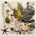 Top view of various stones and seashells on old paper.