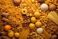 Top view of Various types delicious dry Pasta for making food on table, raw ingredients background concept, ready to cook concept