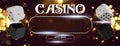 Top view of Casino sign poker dice on golden shiny background. Online casino wide banner with place for text and button