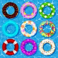 Top view vector collection of rubber rings floating on swimming pool water lifebuoy security, equipment.