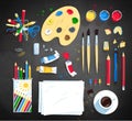 Top view vector illustration set of artist workplace