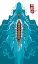 Top view of a vector of a rowing dragon boat, and a huge dragon hidden beneath the water.