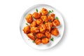 Top View Vegan Buffalo Cauliflower Bites On White Round Plate On White Background. Generative AI Royalty Free Stock Photo