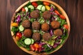 Top View, Vegan Falafel Salad On A Wooden Boardon White Background