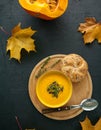 Top view vegan homemade pumpkin soup