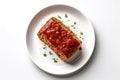 Top View Vegan Lentil Loaf On White Round Plate On White Background. Generative AI Royalty Free Stock Photo