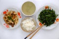 Vegan daily meal for lunch, boiled water spinach, skin tofu and copra cook with sauce, simple vegetarian Vietnamese food