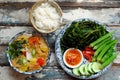 Vegan Daily Meal For Lunch Time, Boiled Okra, Water Spinach, Cucumber With Tofu Cheese, Rice Bowl, Vegetables Soup, Simple