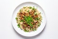 Top View, Vegan Mushroom Risotto On A Wooden Boardon White Background
