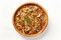 Top View, Vegan Mushroom Stroganoff On A Wooden Boardon White Background