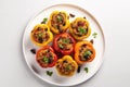 Top View Vegan Stuffed Bell Peppers With Quinoa And Black Beans On White Round Plate. Generative AI