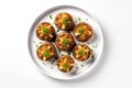 Top View Vegan Stuffed Portobello Mushrooms On White Round Plate On White Background. Generative AI