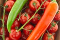 Top view vegetables closeup cherry tomato steam chili pepper ripe delicious basis sauce