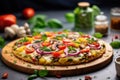 top view vegetarian pizza with vegetables and herbs. concept of vegan and healthy eating Royalty Free Stock Photo