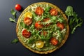 top view vegetarian pizza with vegetables and herbs. concept of vegan and healthy eating Royalty Free Stock Photo