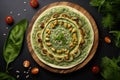 top view vegetarian pizza with vegetables and herbs. concept of vegan and healthy eating Royalty Free Stock Photo