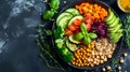 Top view of Veggie poke bowl isolated on black background.