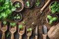 Top view of vibrant basil plants and seedlings, wooden scoops of soil, and garden tools laid on rich earth, epitomizing the hands-