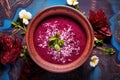 top view of vibrant beetroot soup in a bowl