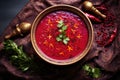 top view of vibrant beetroot soup in a bowl