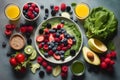 Vibrant plate of assorted detoxifying foods, featuring leafy greens and colorful berries and fruits (flat lay