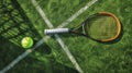 A Top View of the Vibrant Tennis Court with Its White Lines, Racket, and Ball on a Sunny Afternoon Royalty Free Stock Photo