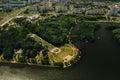 Top view of the victory Park in Minsk and the Svisloch river.A bird`s-eye view of the city of Minsk and the Park complex